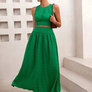 Green Casual Women's Casual Vacation Ocean Green Pleated Crop Top & A-Line Skirt